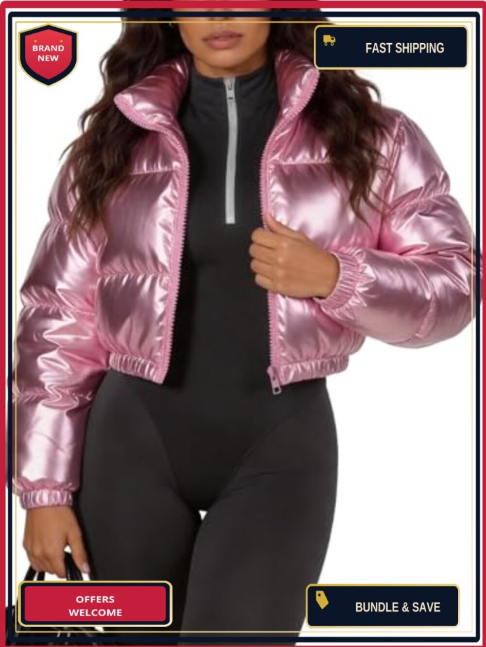 Women's Y2K Metallic Shiny Cropped Puffer Jacket Full Zip Winter Coat